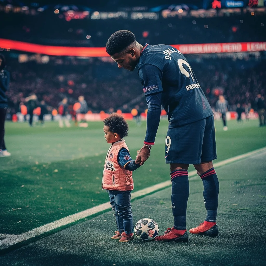 A child is on the side of a football game while holding the hand of a football player