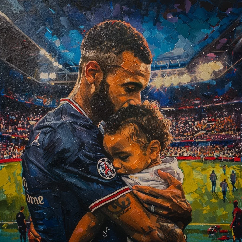 Painting of Neymar holding a child at a football match
