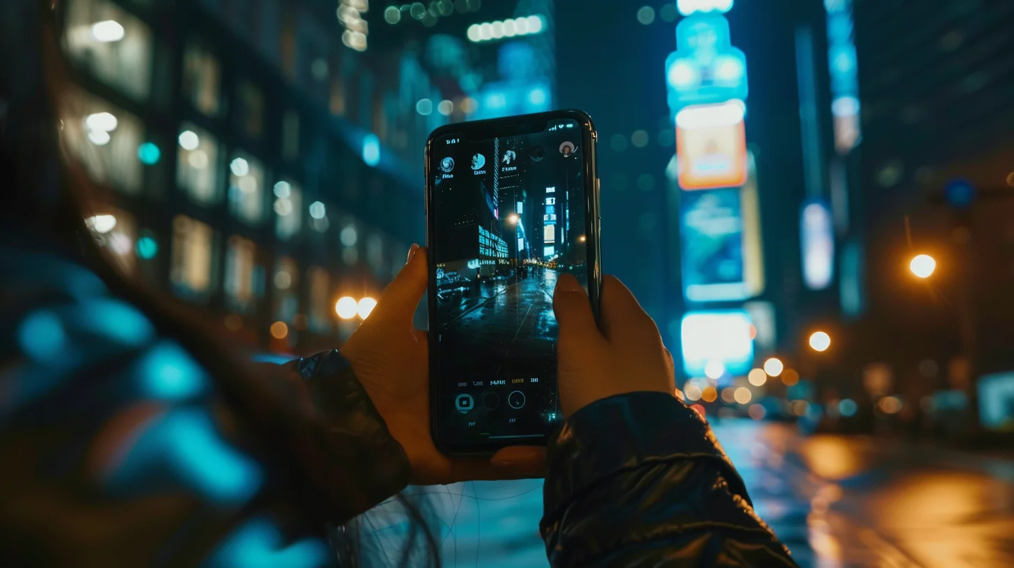 Someone taking a photo of a street by night